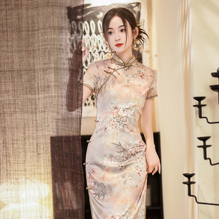 迷人堂春夏秋中长款短袖少女绸缎旗袍裙复古修身宴会演出服连衣裙