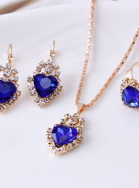 欧美时尚爱心形水晶吊坠锁骨项链耳环戒指三件套装桃心结婚新娘配