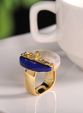 银镀金青金石方形戒指手饰开口