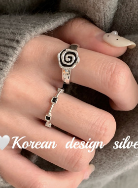 韩国东大门极简设计S925纯银 方块黑钻戒指/简约旋涡戒指叠戴级