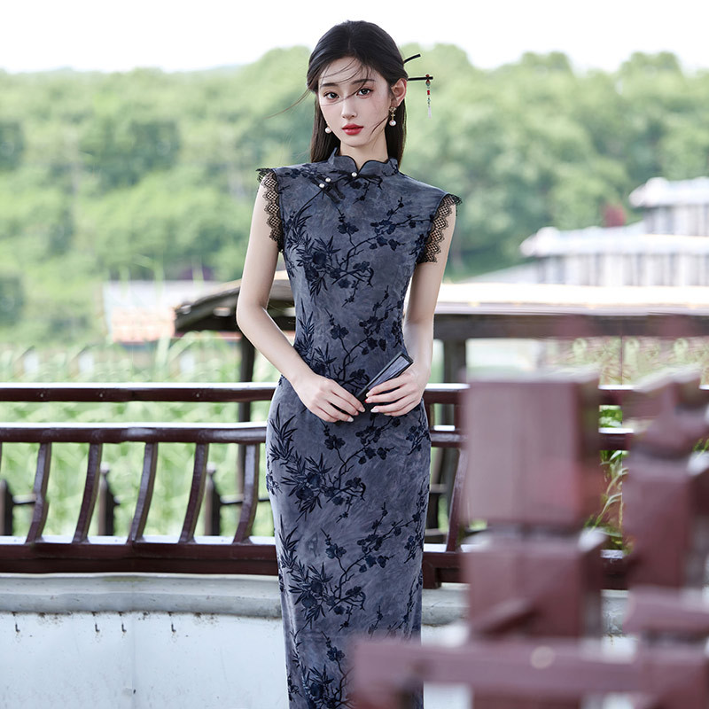 2025新款复古夏弹力修身收腰无袖国风中式长款旗袍改良年轻款女装