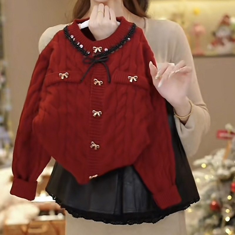 女童红色假两件毛衣开衫蕾丝皮裙套装冬装2025新款花边针织衫年服