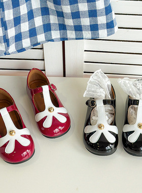 2025韩版女童丁字小皮鞋春秋儿童花朵公主鞋女孩红色玛丽珍漆皮鞋