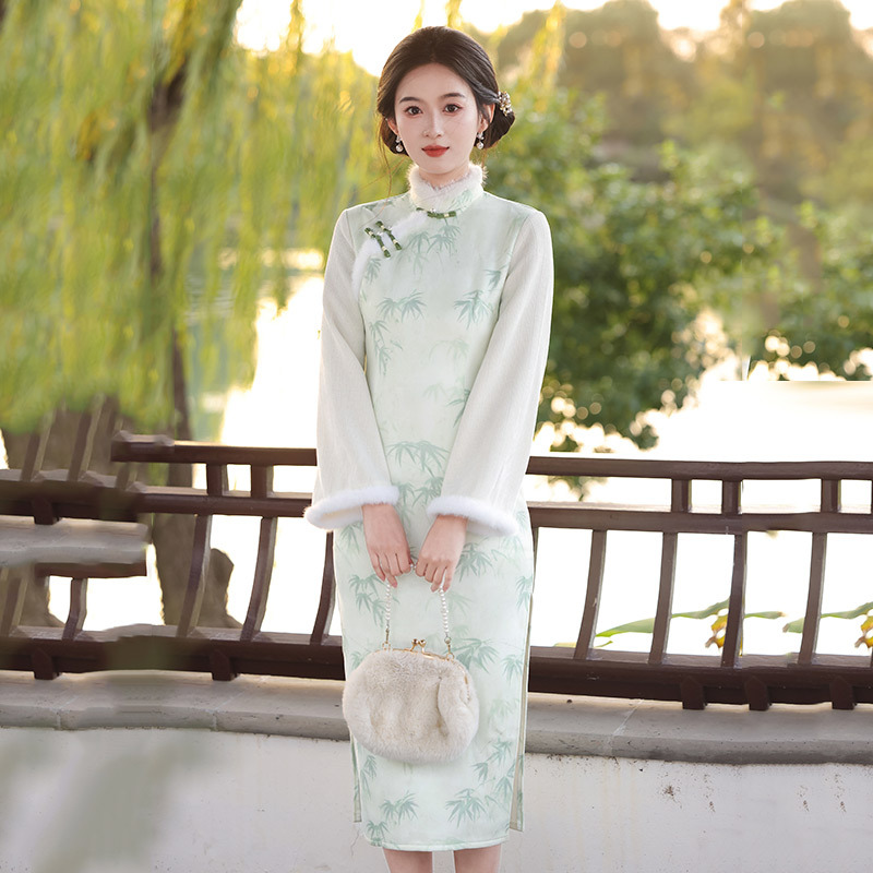 绿色加绒国风苏州长袖改良旗袍冬季厚款女新中式2025新款复古秋冬