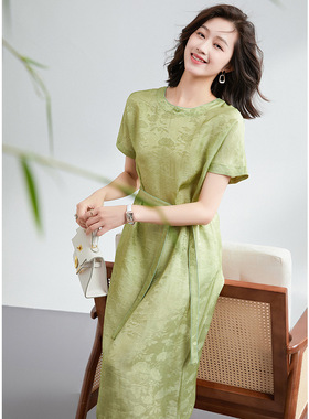 重磅真丝连衣裙女绿色桑蚕丝提花宽松气质法式长裙端2025夏新款