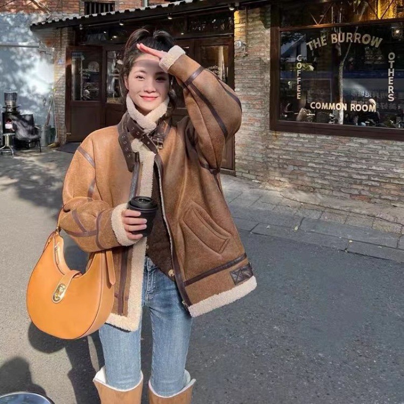 皮毛一体2023冬季新款厚羊羔毛外套羊羔绒机车服夹克女装