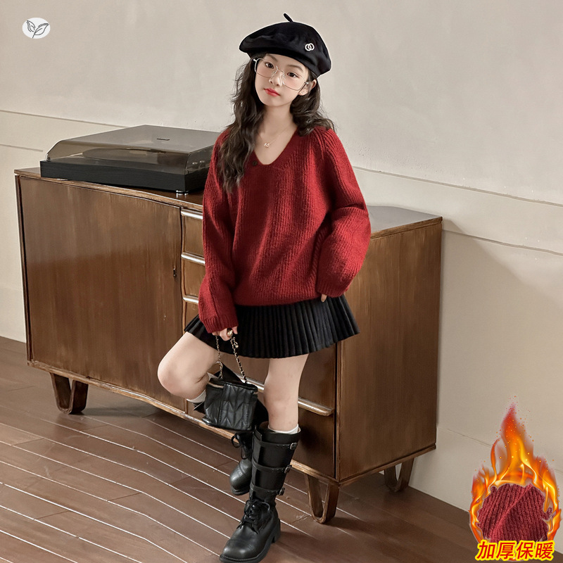 女童2025年秋冬新款拜年服年货毛衣女大童洋气百褶裙毛衣打底套装，童装休闲套装，祺儿童装