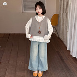 女童牛仔裤套装春秋2025新款花边长袖T恤马甲阔腿裤三件套中大童，童装休闲套装，祺儿童装