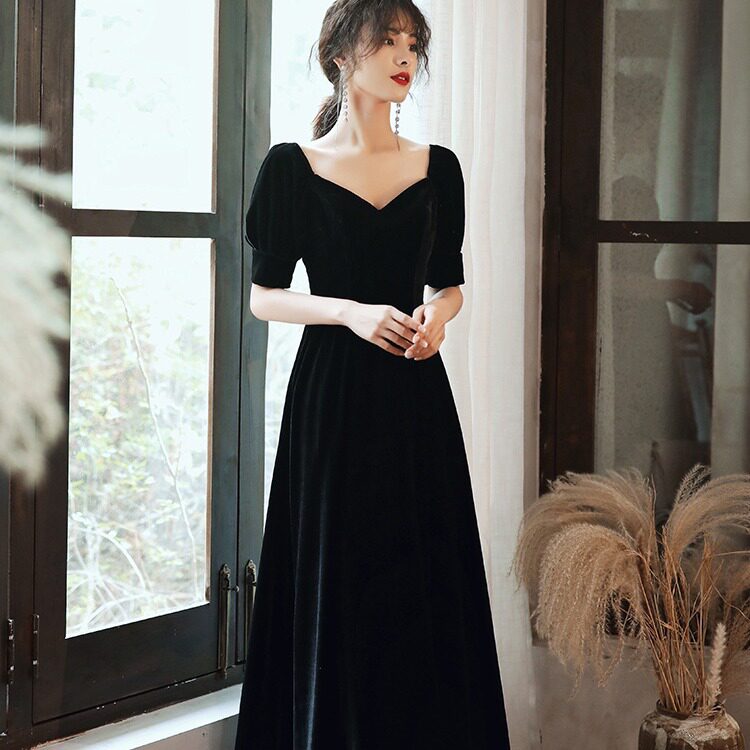 黑色晚礼服轻奢小众复古长裙主持人女大合唱演出服v领毕业典礼服