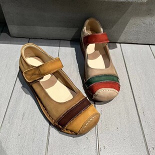 木森鸟26单鞋魔术贴头层牛皮拼色厚底女鞋加绒勃肯鞋复古拼色