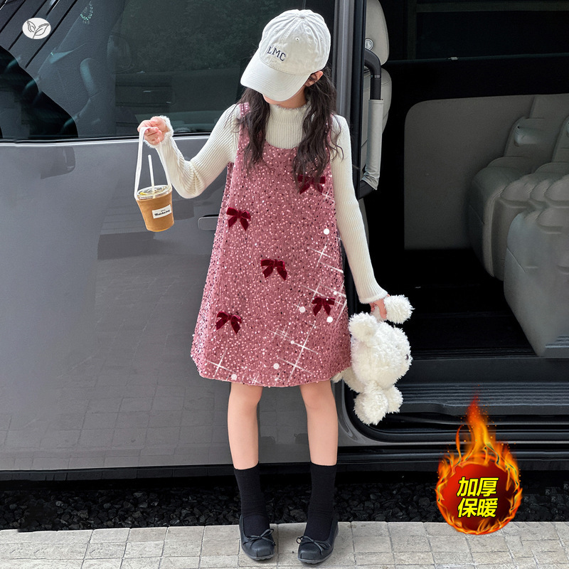 女童2025年秋冬新款蝴蝶结亮片裙打底毛衣套装女大童洋气户外套装，童装连衣裙，祺儿童装