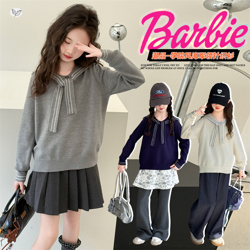 女童海军领毛衣2025年秋季新款中大儿童学院风针织衫春秋长袖上衣，童装毛衣，祺儿童装