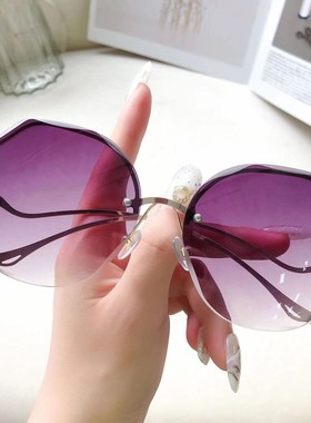 新款时尚无边框切边墨镜女多变形金属弧形镜腿网红街拍防晒太阳镜