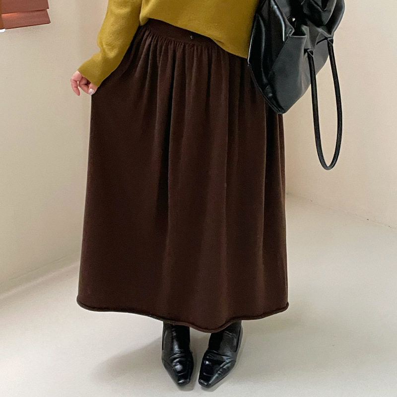 乃粒25338大码垂感针织长裙女2026冬胖mm简约a字遮胯卷边半身伞裙