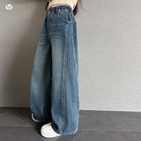 女童2025年冬季新款加绒侧拼接压花牛仔裤女孩修身保暖宽松阔腿裤，童装裤子，祺儿童装