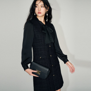 翡格依2026春款法式小香风飘带蝴蝶结编织粗花呢假两件连衣裙女