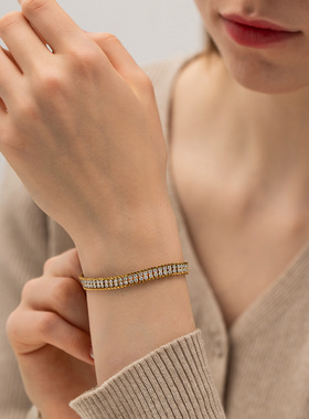 欧美ins风18K金双层白色锆石手链跨境百搭钛钢不掉色手链夸张饰品