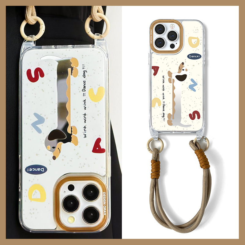 手提短绳腊肠狗苹果卡通可爱镜面