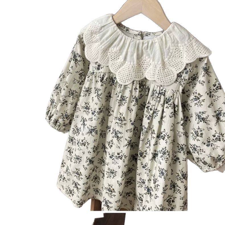 外贸出口日本韩国小女童装休闲蕾丝花边娃娃领碎花长袖公主连衣裙