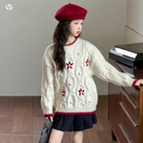 女童毛衣2025年秋冬新款新年花朵针织套头衫中大童甜美撞色打底衫，童装毛衣，祺儿童装