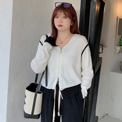 胖妹妹韩版大码女装2023春款胖mmOL连帽卫衣拉链开衫女针织衫外套