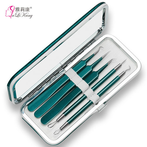 抖音款美妆工具绿色5件套粉刺针黑头夹痘痘夹暗疮针不锈钢细胞夹