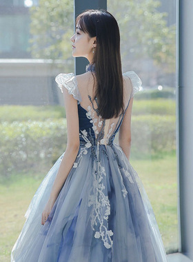 蓝色礼服2025冬季新款飞飞袖名媛聚会长裙成人礼艺考宴会晚礼服裙