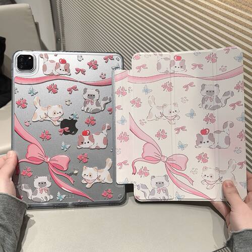 Pink cat bowknot clear case适用iPad Pro 11 2022 2021 Air 1 2 3 10.5 4 5 10.9  8th 9th 10 10th 11 A16
