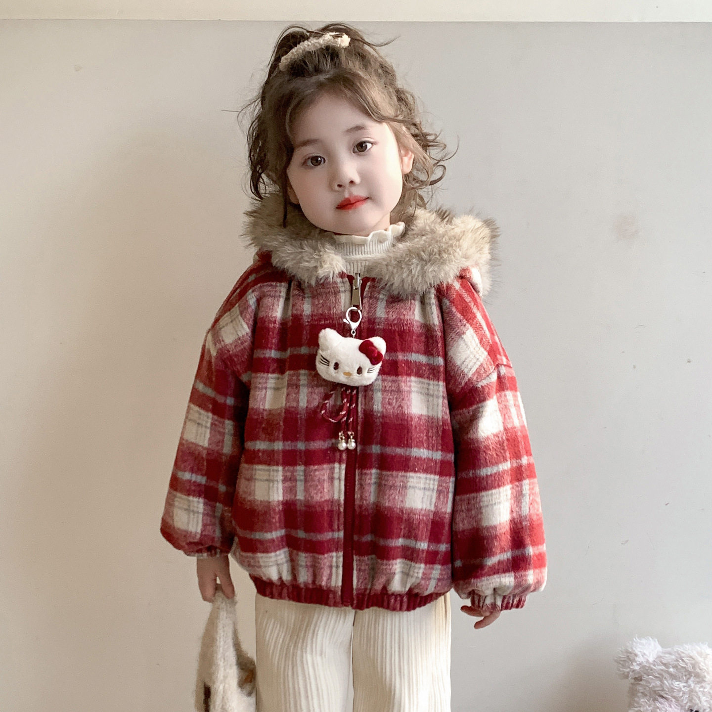女小童加绒格子外套秋冬款女加厚棉衣冬装儿童卡通保暖夹克潮P110，童装外套，祺妙童装