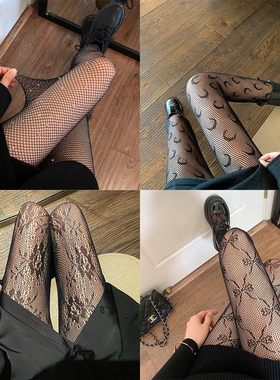 渔网花朵镂空蝴蝶结jk袜月牙网钻性感黑丝竖条方格连裤袜女丝袜