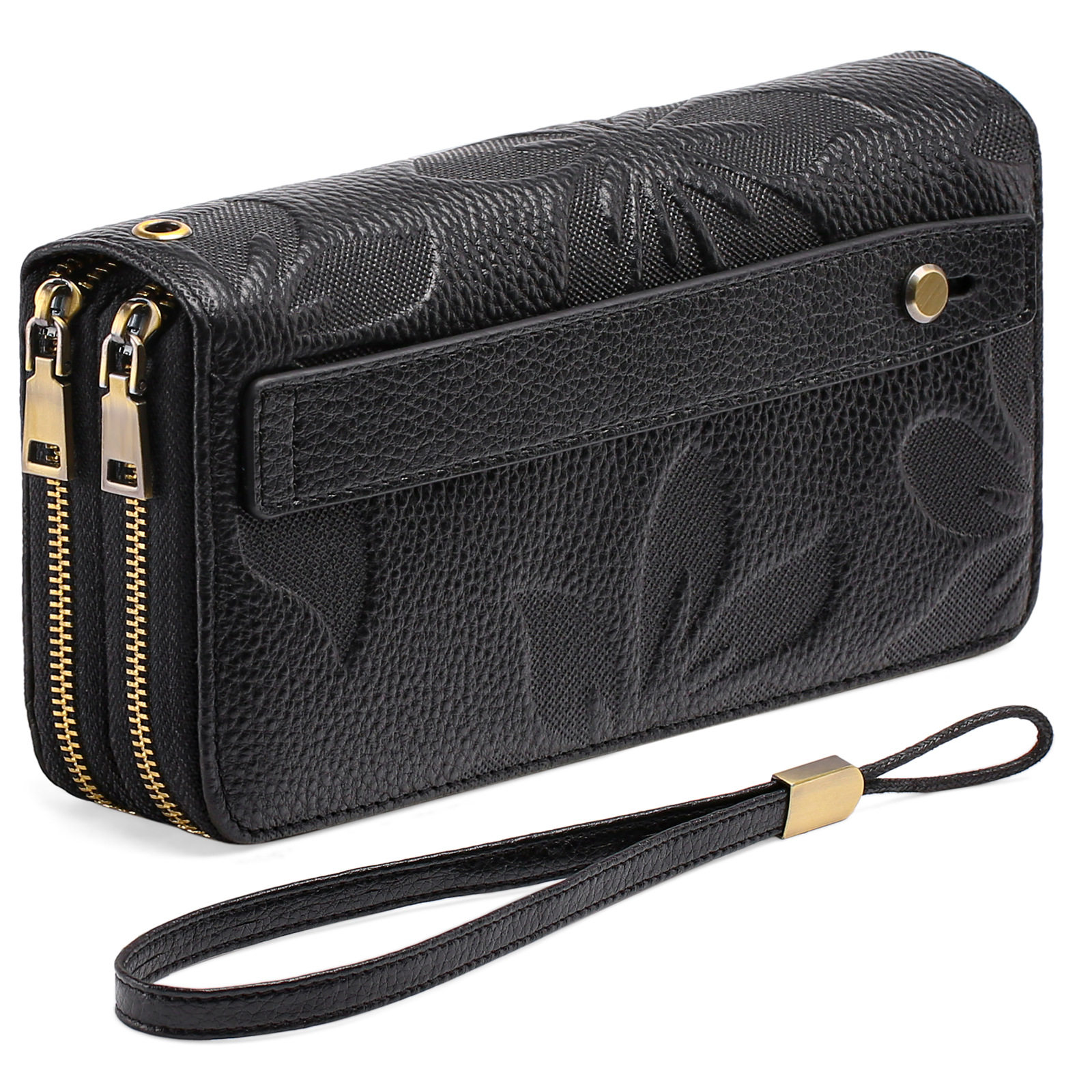 GAEKEAO女士双拉链钱包rfid大容量长款头层牛皮木棉花压花手拿包