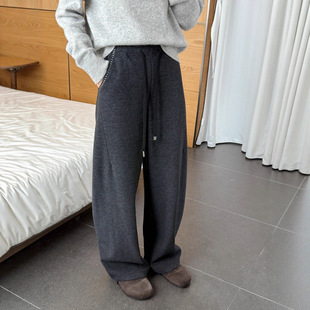 女25秋冬新款 加绒月亮裤 刺绣提花松紧腰加厚保暖毛呢醋酸羊毛裤