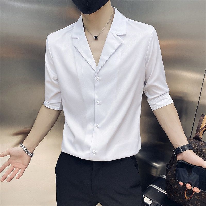 .七分袖衬衫男韩版潮流帅气休闲夏季中袖衣服痞帅冰丝男士短袖衬