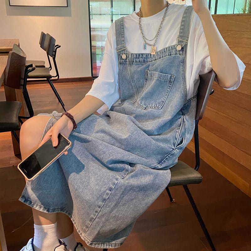 小清新牛仔背带裙女2025年夏季新款复古中长款宽松遮胯连衣裙潮款
