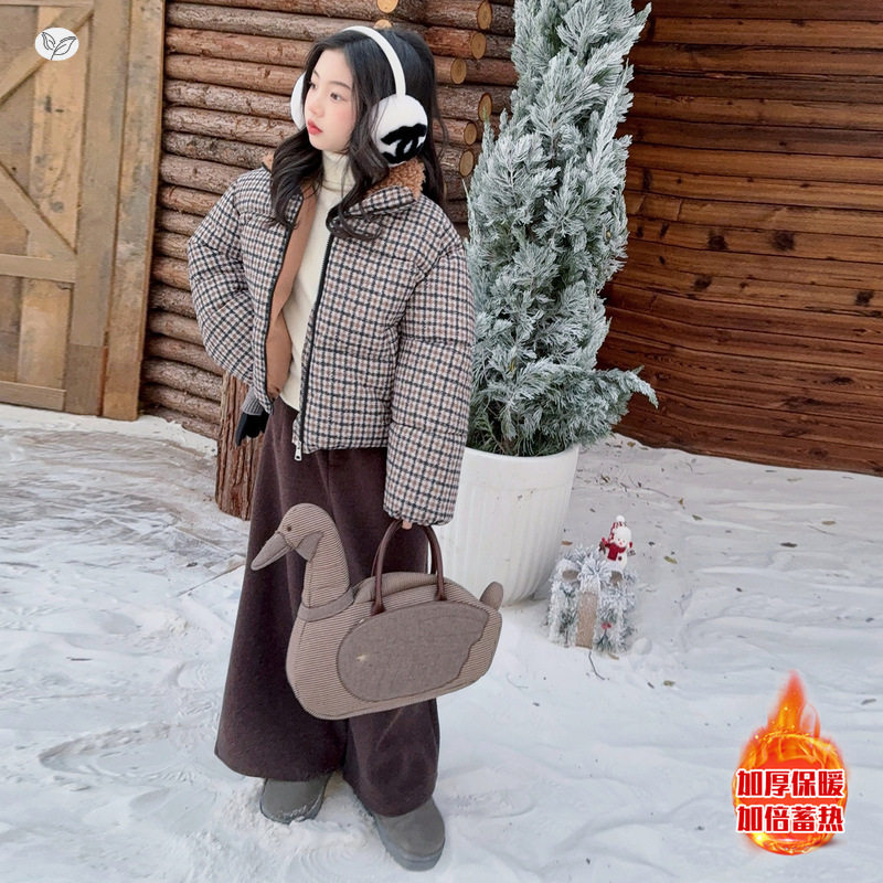 女童2025年冬季新款加厚拼接毛领千鸟格子棉衣外套韩版面包服棉袄，童装棉衣，祺儿童装