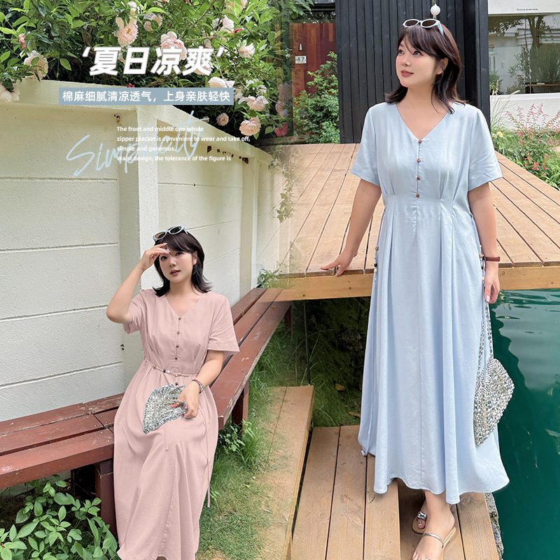 200斤大码女装V领短袖连衣裙2025夏季新款胖mm收腰显瘦气质长裙子
