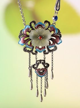 人品银品S925银镶嵌和田玉做旧复古民族风女式流苏吊坠跨境新品