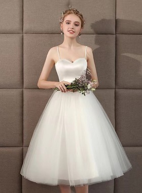 白色仙气婚纱吊带短款亚马逊欧洲站写真轻婚纱毕业季拍照晚礼服女