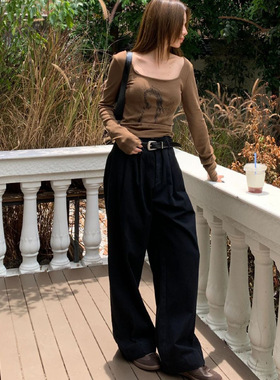 ICC女装 2025秋季收褶腰休闲西装裤韩版ins气质阔腿裤拖地裤女