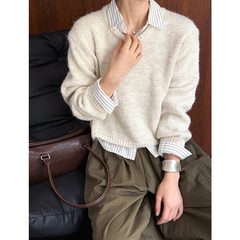 橘芷 早秋新款纯色软糯套头毛衣女宽松慵懒风加厚圆领针织衫 1254
