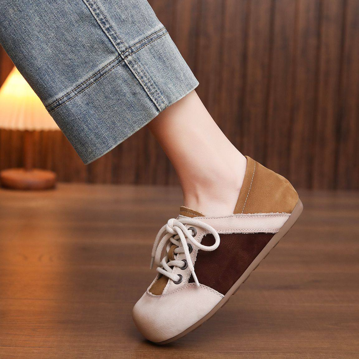 头层牛皮单鞋女2026春季新款平底真皮内增高系带舒适百搭休闲鞋,女鞋,时尚休闲鞋,淘宝优惠券,粉丝福利购,淘宝优惠卷