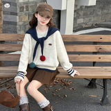 女童2025年春秋新款温柔学院风毛衣女大童袖口条纹甜美针织衫上衣，童装毛衣，祺儿童装