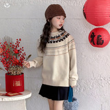 女童毛衣2025年秋冬加厚新款中大童撞色针织衫新年打底衫长袖T恤，童装毛衣，祺儿童装