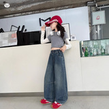 女童牛仔裤宽松阔腿韩式风春秋款女孩裤子儿童春装刺绣长裤超好看，童装裤子，祺儿童装