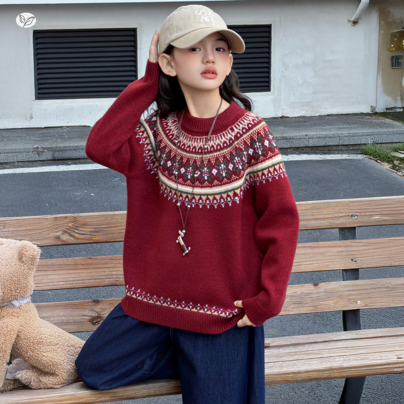 女童毛衣年服2025秋冬新款费尔岛提花针织衫中大童撞色打底衫春秋，童装毛衣，祺儿童装