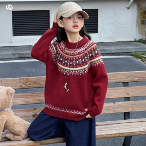 女童毛衣年服2025秋冬新款费尔岛提花针织衫中大童撞色打底衫春秋，童装毛衣，祺儿童装