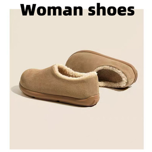 2025秋冬外穿一脚蹬丑萌勃肯棉鞋包头毛毛半拖鞋女平底加绒穆勒鞋