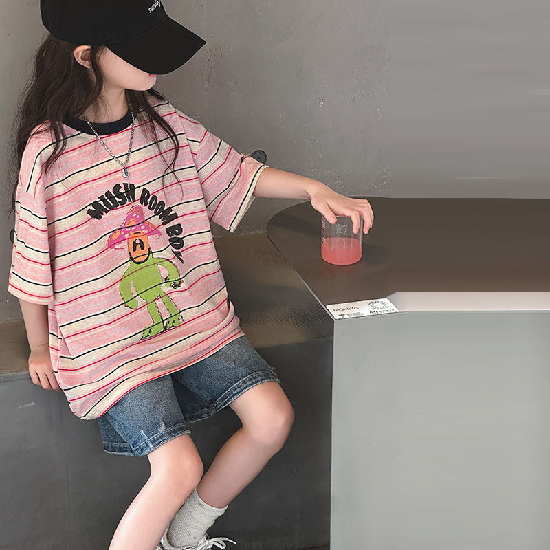 女童短袖t恤夏季2025新款儿童洋气时髦夏装大童宽松条纹打底上衣，童装T恤，祺妙童装