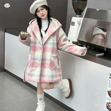 女童2025年冬季新款粉色格子中长款加厚大衣女大童户外温柔风外套，童装外套，祺儿童装