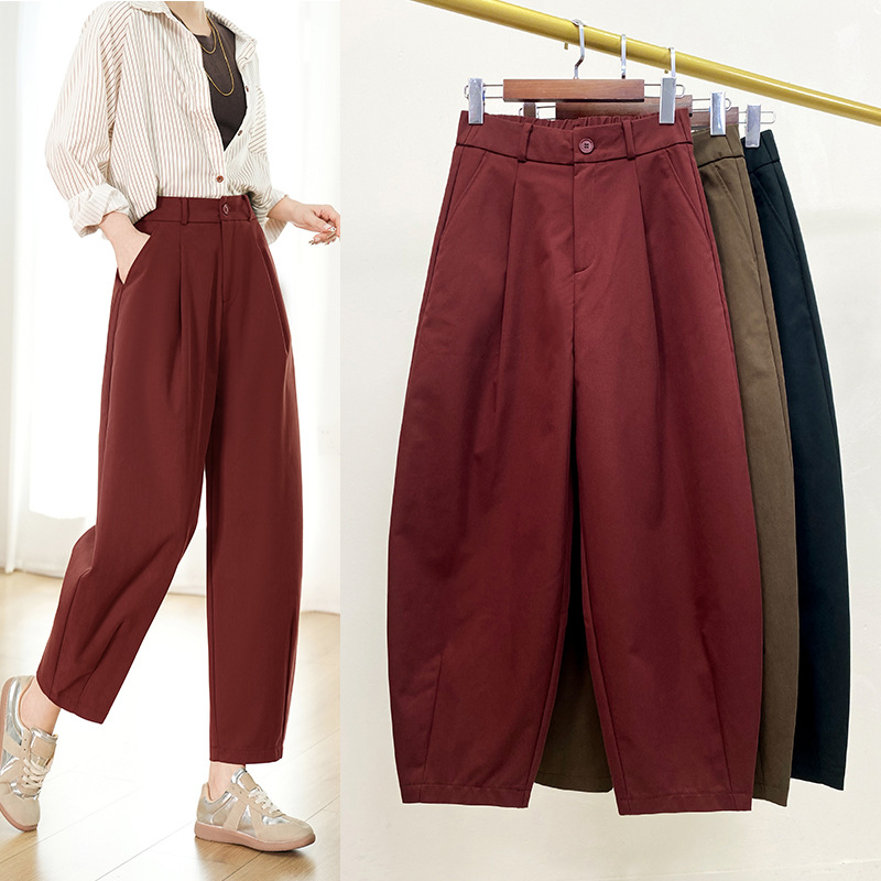 女弯刀西裤欧版廓形质感抗皱小个子秋装洋气红色哈伦设计感镰刀裤